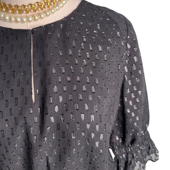 Halston Heritage metallic silk romantic ruffle poets blouse black size 2 - Picture 2 of 6